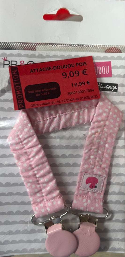 Attache doudou pour bébé BB&Co pois rose - L'Atelier Des Tout-Petits